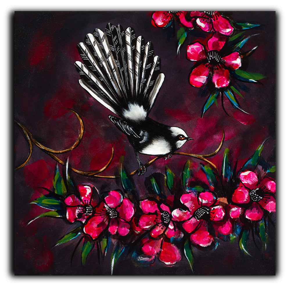 Getting Cheeky Down in the Manuka. Painting by Juliet Best, Wellington, NZ.  Inks, Glazes and Acrylic Resins on Canvas. Unframed.