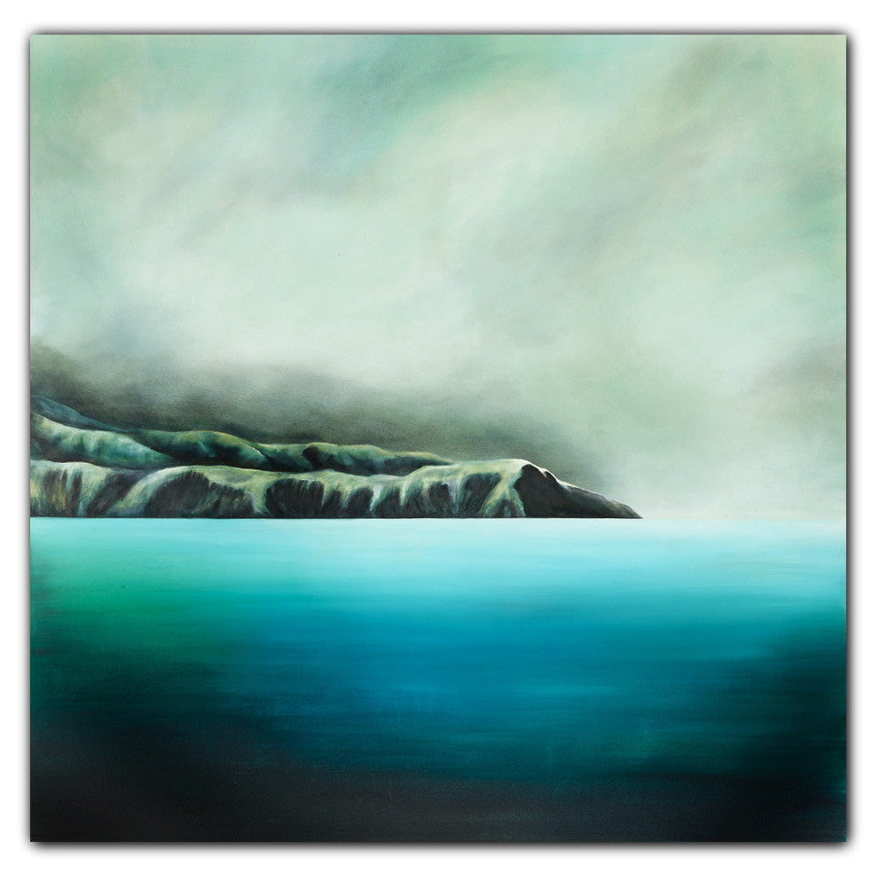 Embrace Me. Painting by Juliet Best. Painting of Pencarrow Heads, Wellington, NZ.  Inks, Glazes and Acrylic Resins on Canvas. Unframed. Landscape.