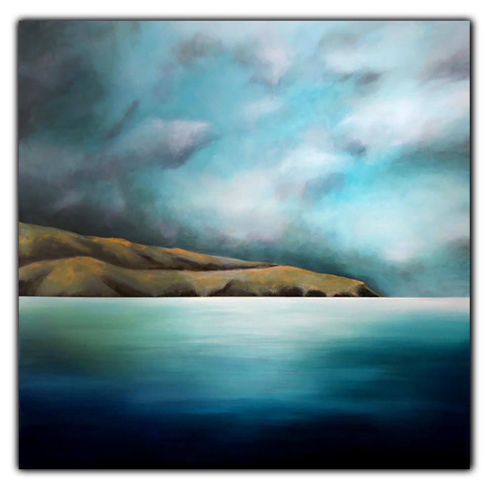Pencarrow Drift III. Painting by Juliet Best. Painting of Pencarrow Heads, Wellington, NZ. Inks, Glazes and Acrylic Resins on Canvas. Unframed. Landscape.