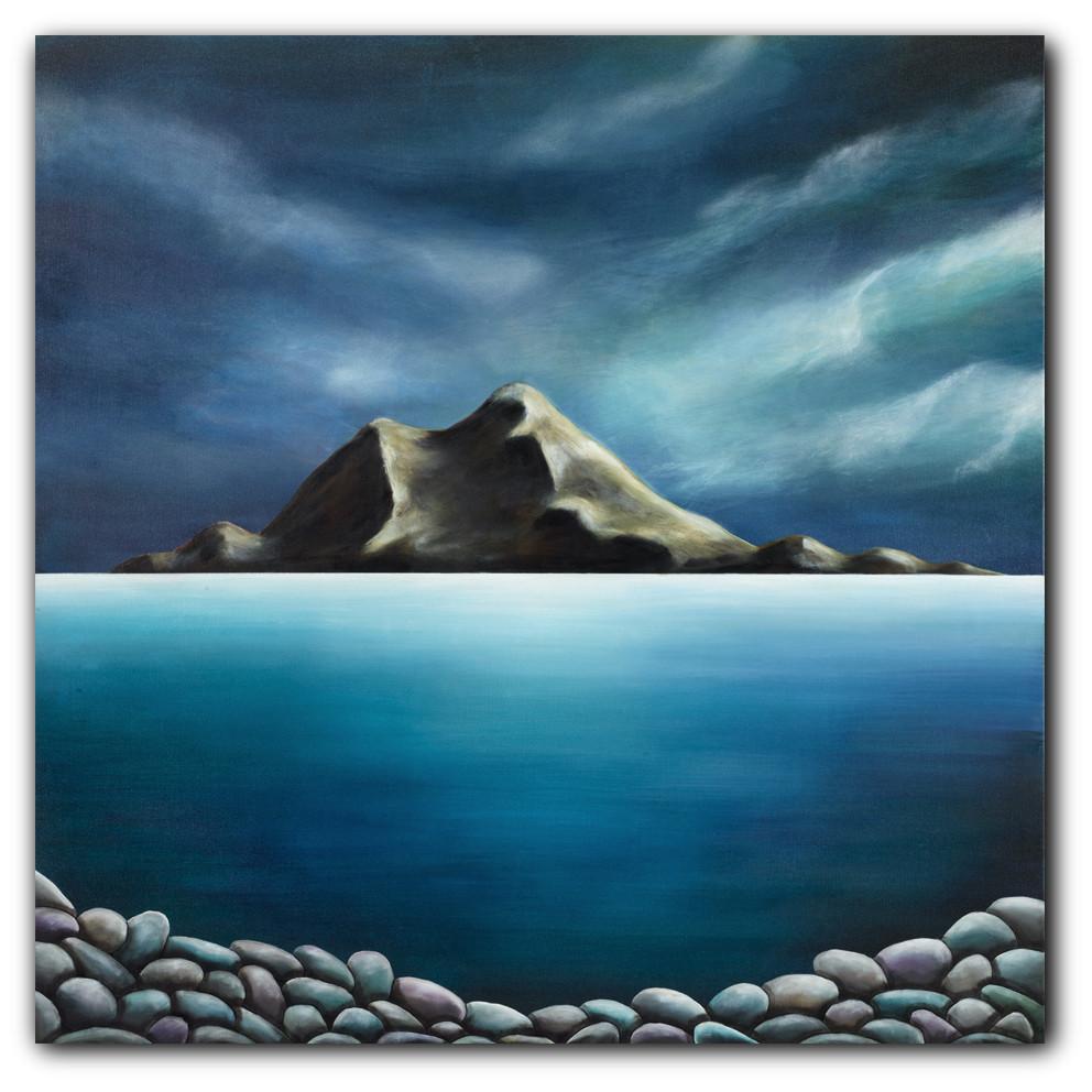 Rock Me In The Arms. Painting by Juliet Best. Painting of Island Bay, Wellington, NZ.  Inks, Glazes and Acrylic Resins on Canvas. Unframed. Landscape.